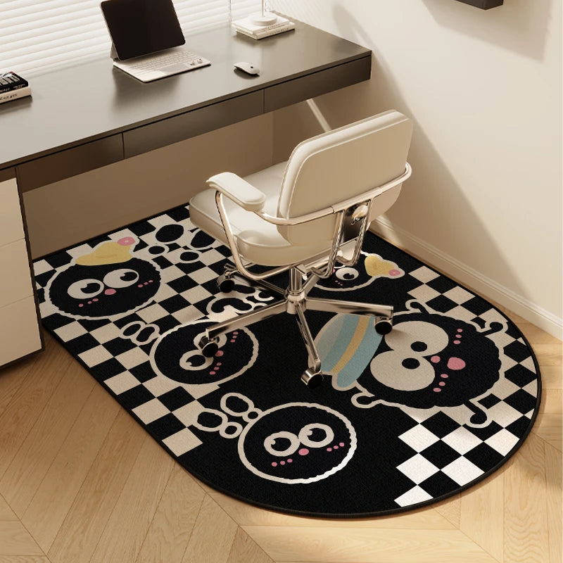 tapis moderne carreaux noirs blancs visages stylisés antidérapant imperméable polyester graphique