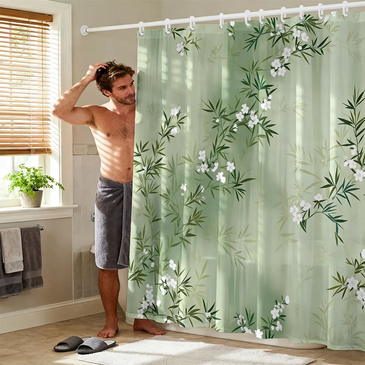 rideau douche moderne vert clair branches bambou fleurs opaques 120x180cm 150x180cm 180x180cm 90x180cm