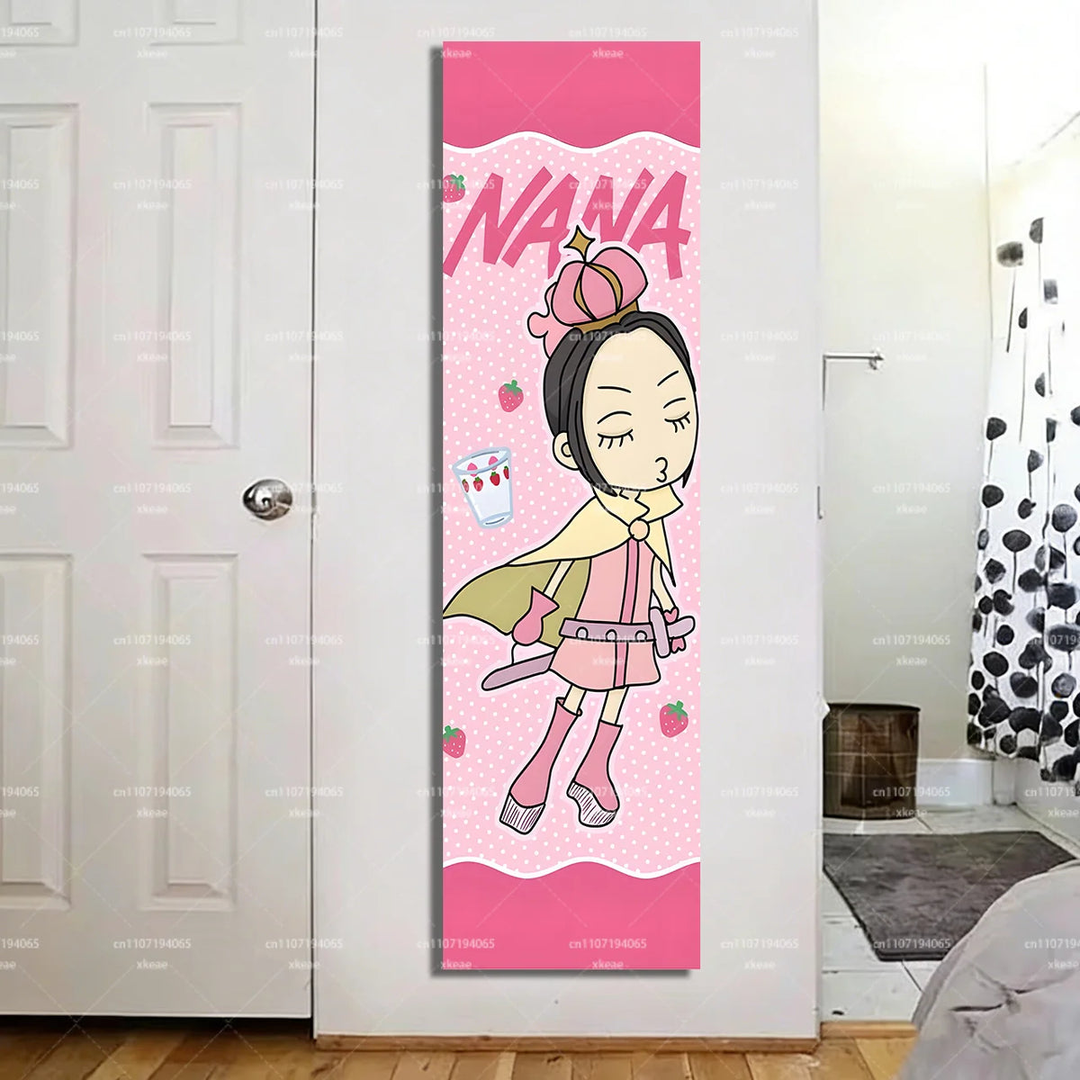 tapisserie murale personnages animés rose tresses bonbons fraises fond rose chambre décoration 150x40cm