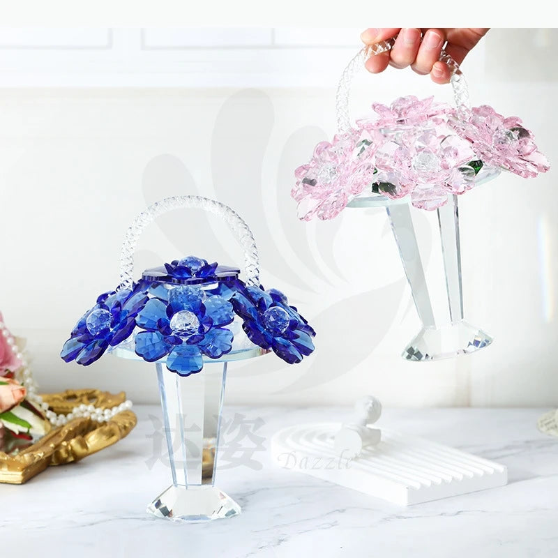 panier fleurs cristal transparent motif floral rose bleu élégant décoration intérieure vase transport