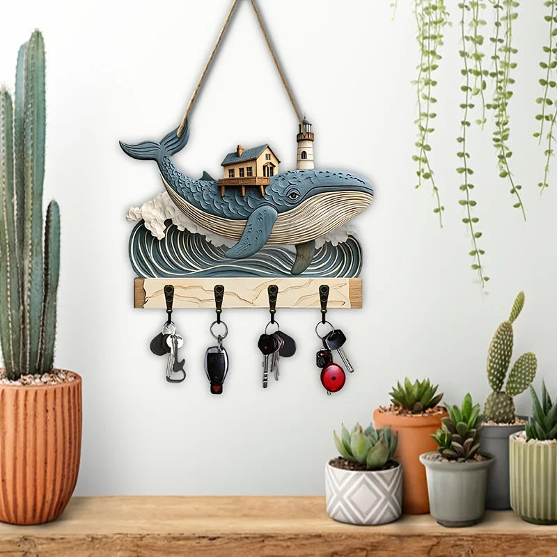 porte clés mural baleine bois bleu gris artisanal vis marine deco intérieur