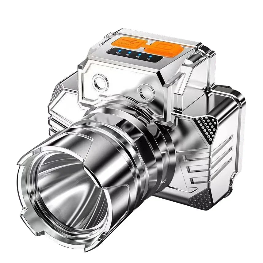 lampe frontale led argentée rechargeable bouton orange lentille transparente moderne robuste