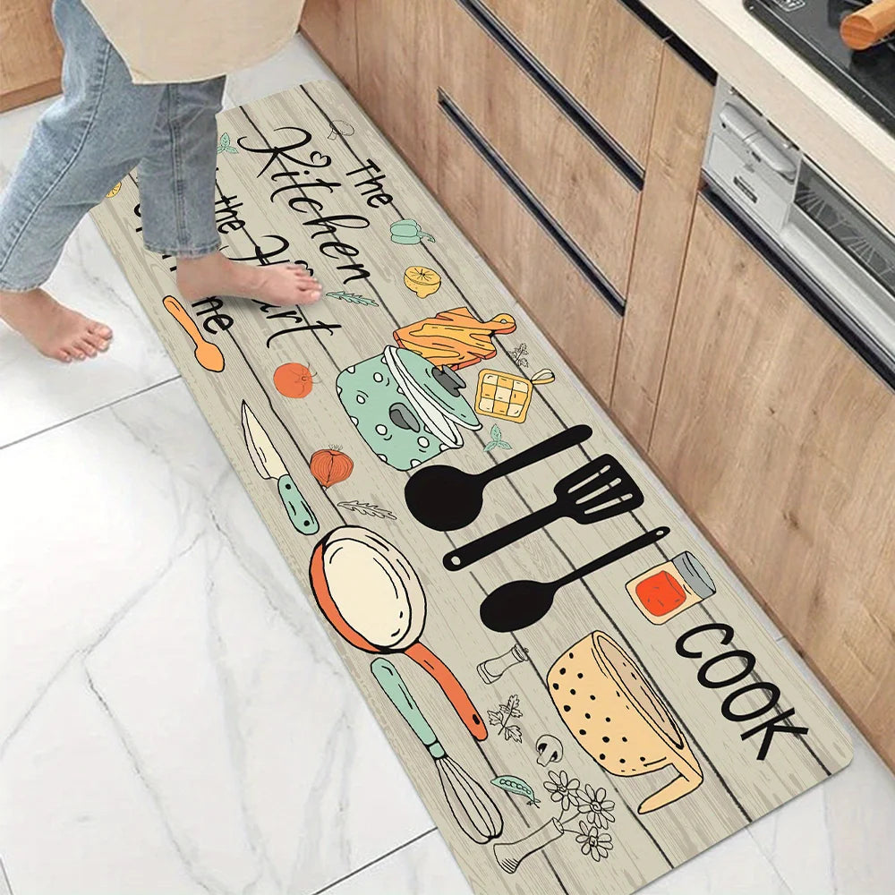 tapis cuisine motif bois ustensiles moderne beige noir bleu orange vert décoration maison