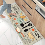 tapis cuisine motif bois ustensiles moderne beige noir bleu orange vert décoration maison