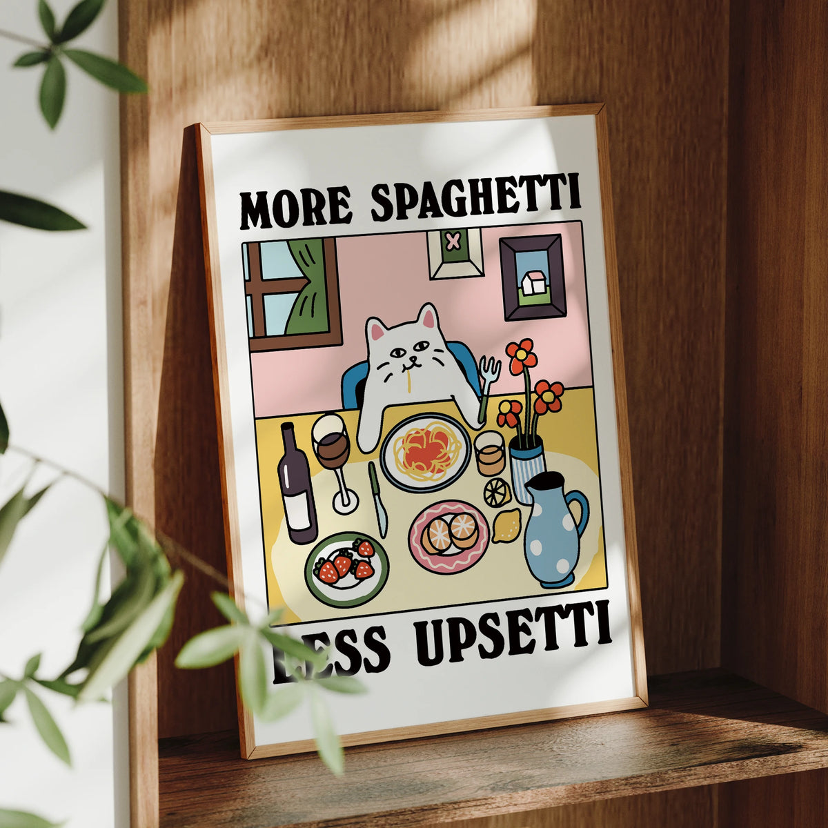 affiche encadrée illustration chat spaghetti fleurs vin fond rose humour enfant chambre salon