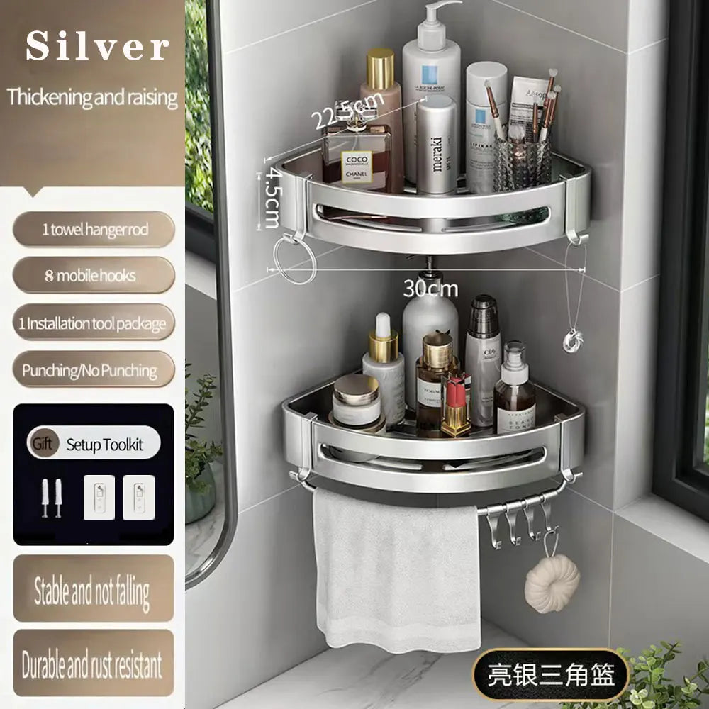 étagère murale triangulaire salle bain gris métal crochets rangement douche moderne autocollante
