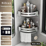 étagère murale triangulaire salle bain gris métal crochets rangement douche moderne autocollante