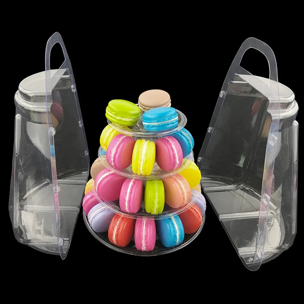 présentoir macarons plastique transparent moderne élégants socle trois niveaux cloche anse