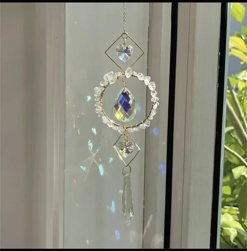 suspension décorative cristal transparent vert violet doré cristaux artisanale élégante jardin intérieur