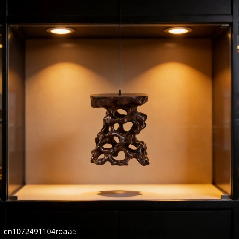 support bois sculpté ouvert théière tasse marron foncé structure organique rétro artisanal naturelDecorationBureau