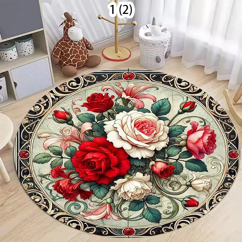 tapis rond fleur rose noir vert classique anti dérapant polyester polypropylène 40cm 80cm 120cm
