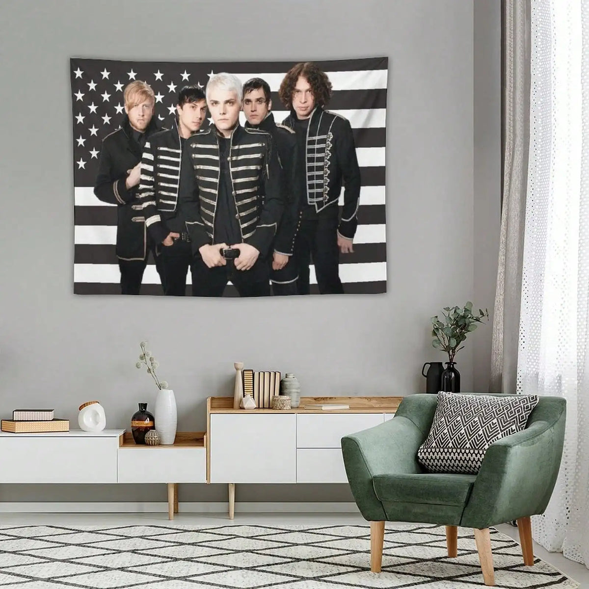 tapisserie étoiles blanches noir rayures horizontales classique militaire deco maison garage barbershop publicitaire