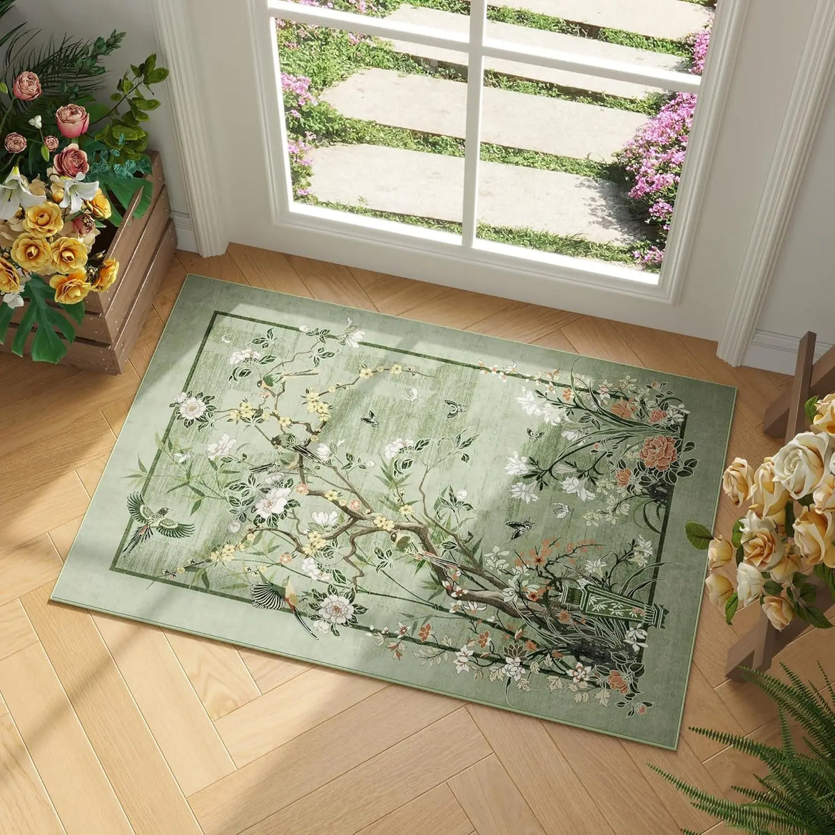 tapis sol floral oiseaux fleurs vert bleu beige résistant antidérapant moderne