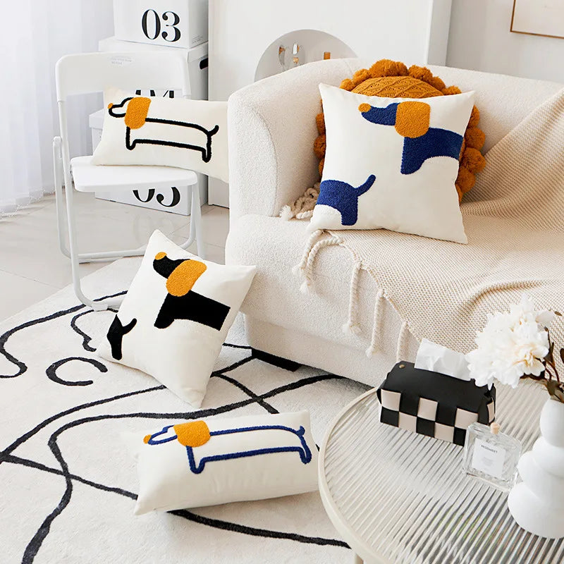 coussins brodés chiens modernes respectueux environnement polyester coton blanc noir orange