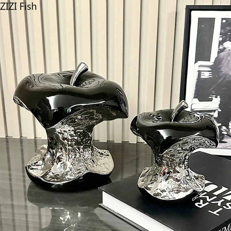 pomme céramique argentée sculpture contemporaine décoration intérieure moderne pièce unique table ornement noir brillant