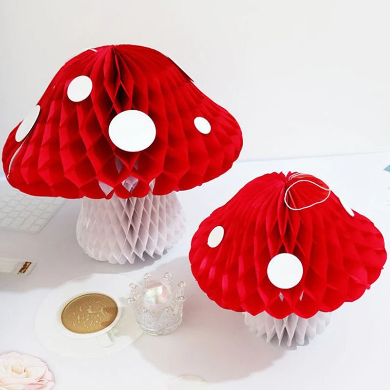 décoration fête anniversaire enfant adulte boule papier forme champignon rouge blanc texture alvéolée festive
