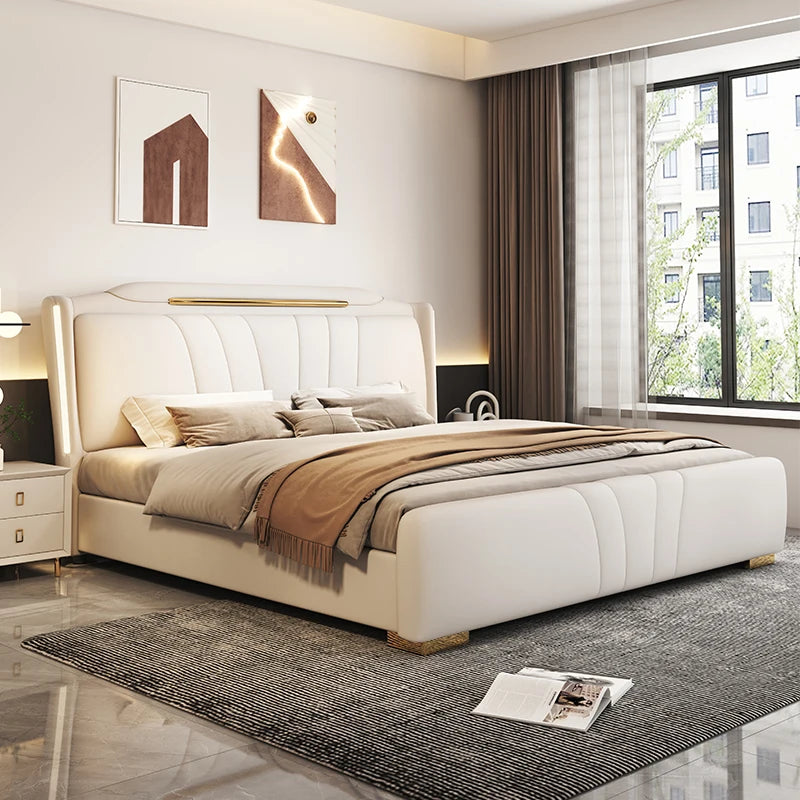 lit moderne bois tiroirs intégrés 182cm 151cm beige simples lignes verticales