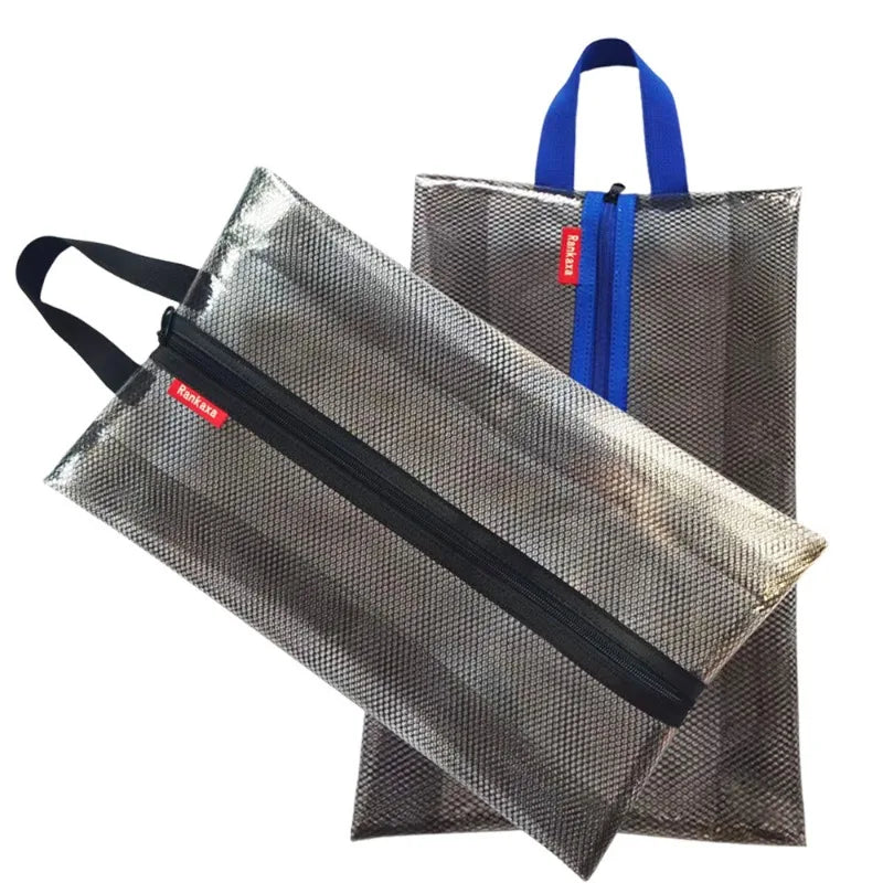 sac rangement chaussures gris transparent zip utilitaire réutilisable texture grillagée multifonctionnel antihumidité