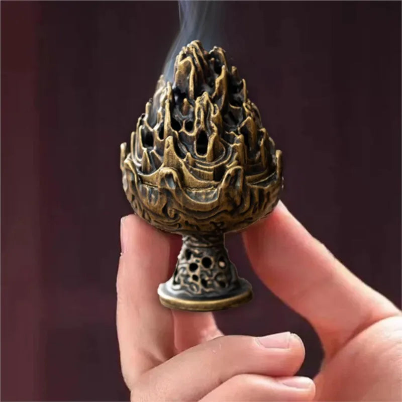 censer artisanal bronze ornementé motifs géométriques vintage floral deco maison