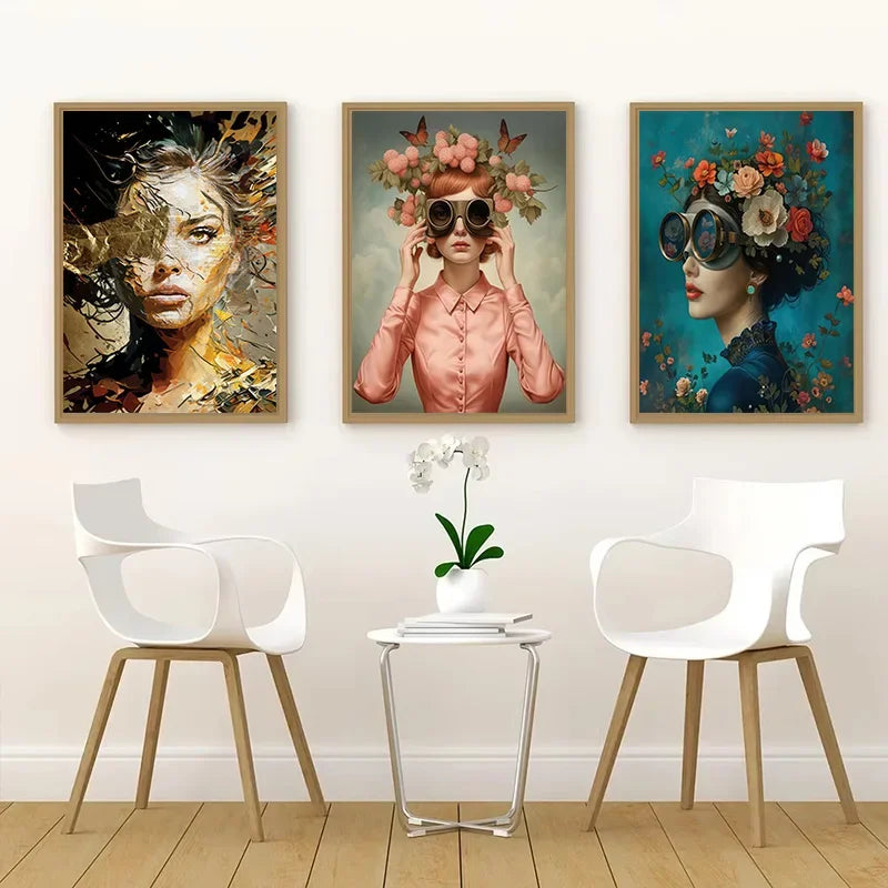 tableau toile art fleurs papillons lunettes moderne décoration mur salon cadre bois