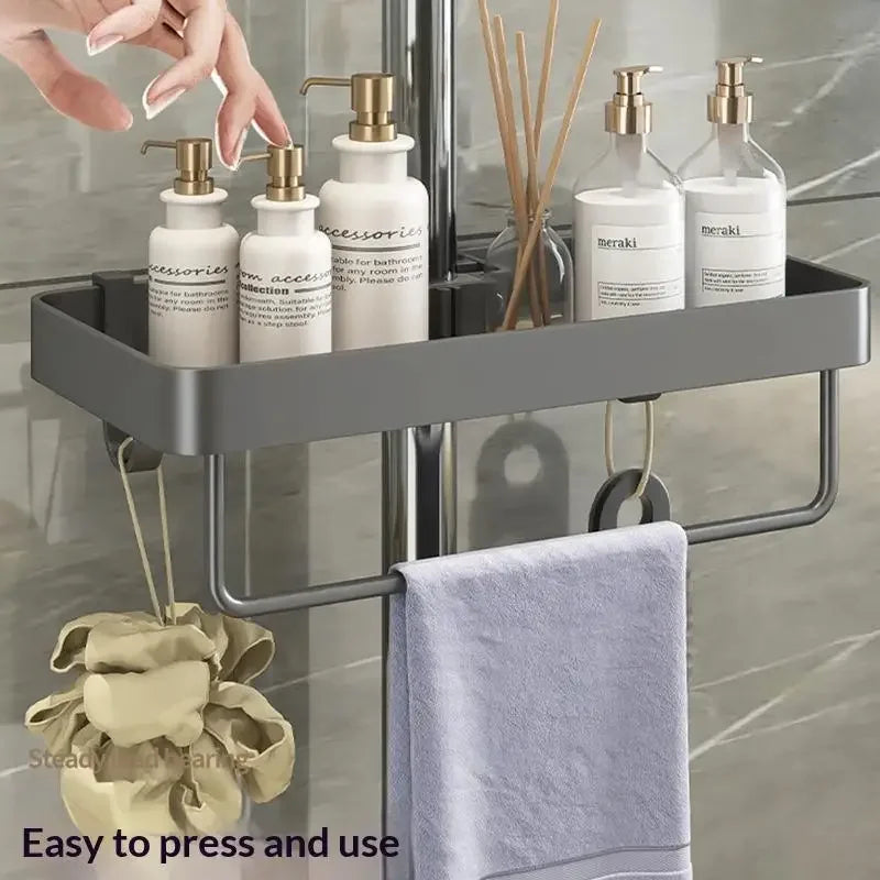 étagère salle bain moderne gris métallisé fixée pince réutilisable savon parfum serviette sac bain