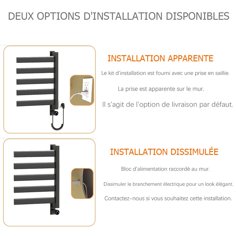 radiateur électrique mural noir fixations murales interrupteur numérique réglage température sèche serviettes moderne