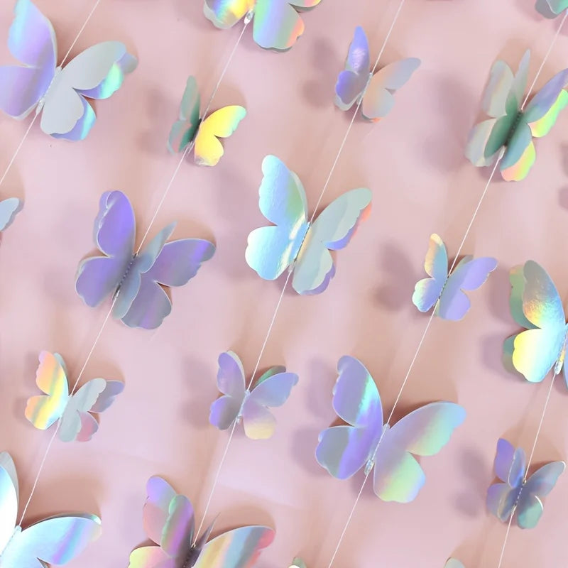 guirlande papillons holographiques brillants 3d blanc bleu vert rose violet jaune anniversaire mariage