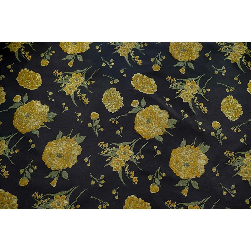 tissu brocart floral texturé noir jaune vert résistant bricolage decoratif 145cm