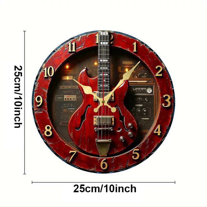 horloge murale vintage rock guitare rouge dorée adhésif bois motif ampli chambre salon decoration