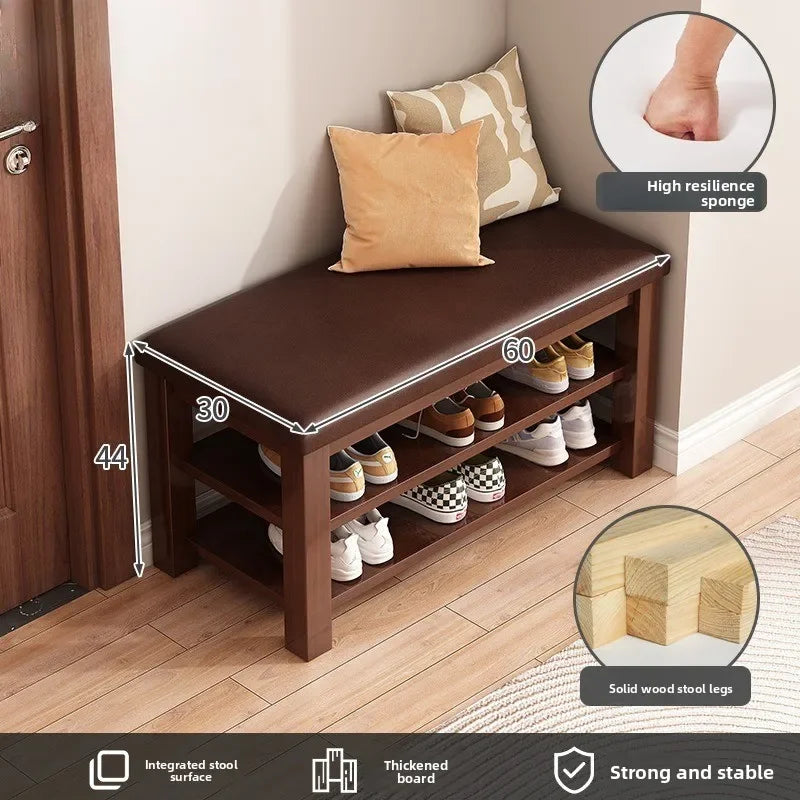 tabouret rangement chaussures bois naturel moderne minimaliste coussin rembourré étagère entrée multifonction adultes seniors