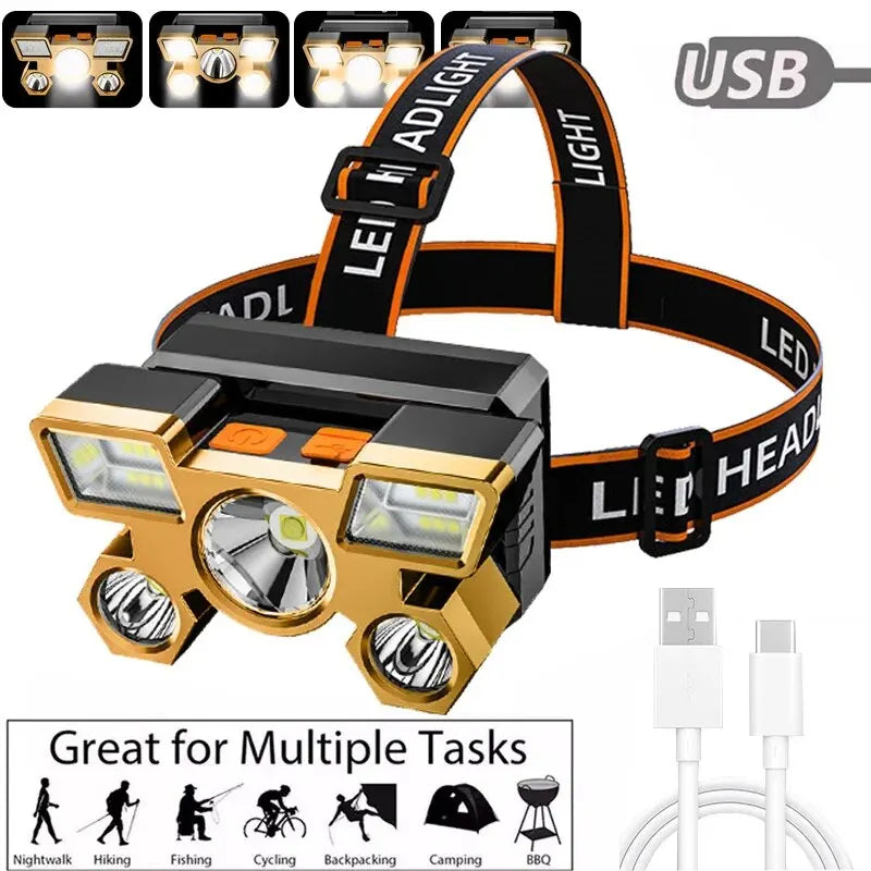lampe frontale rechargeable or noir moderne câble usb chargeur ceinture ajustable led camping pêche
