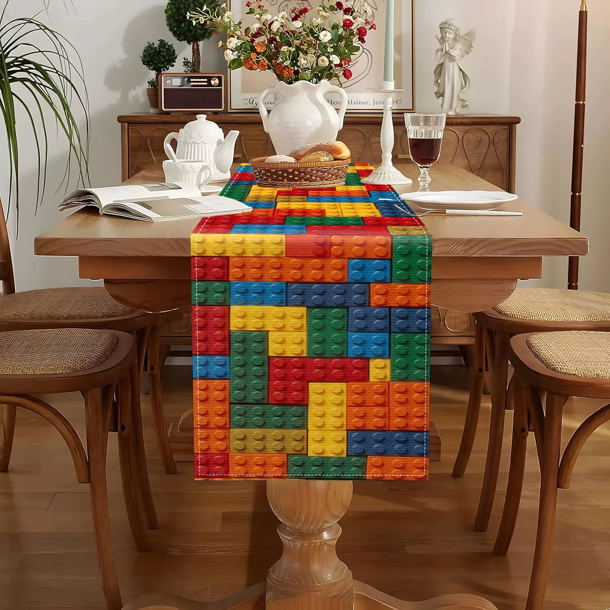 nappe polyestère motif lego rouge bleu jaune verte décoration chambre enfant ludique maison 150cmX33cm