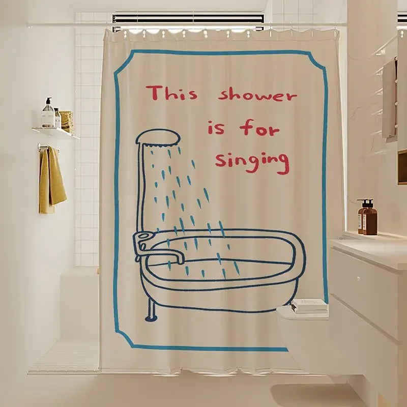 rideau douche imperméable motif gouttes pluie dessin humoristique beige bleu rouge noir