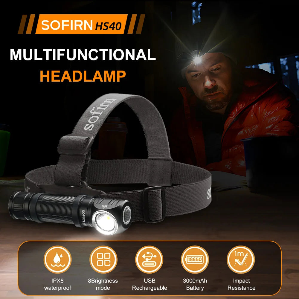 lampe frontale led rechargeable usb ipx7 noire camping randonnée 5000k 6500k