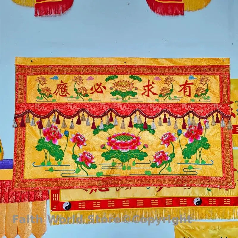 rideau traditionnel jaune rouge fleurs lotus lettres chinoises bordures décoratives opaques 100cm 120cm 150cm