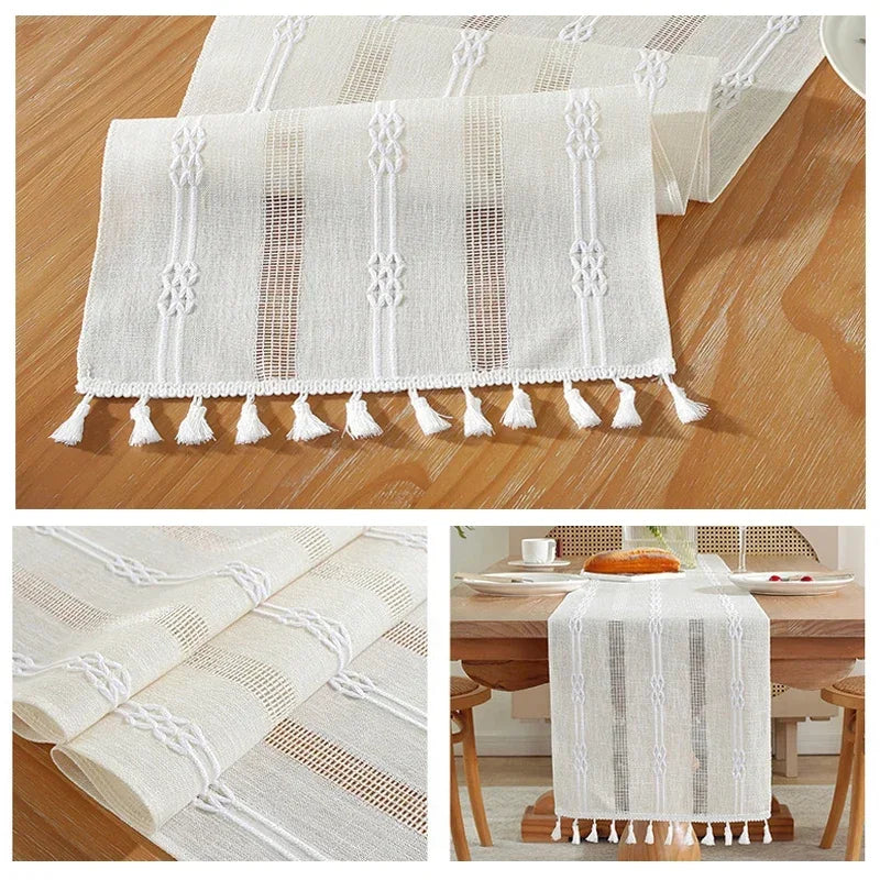 nappe décorative bohème géométrique franges semi transparente blanc rose vert gris bleu marine table