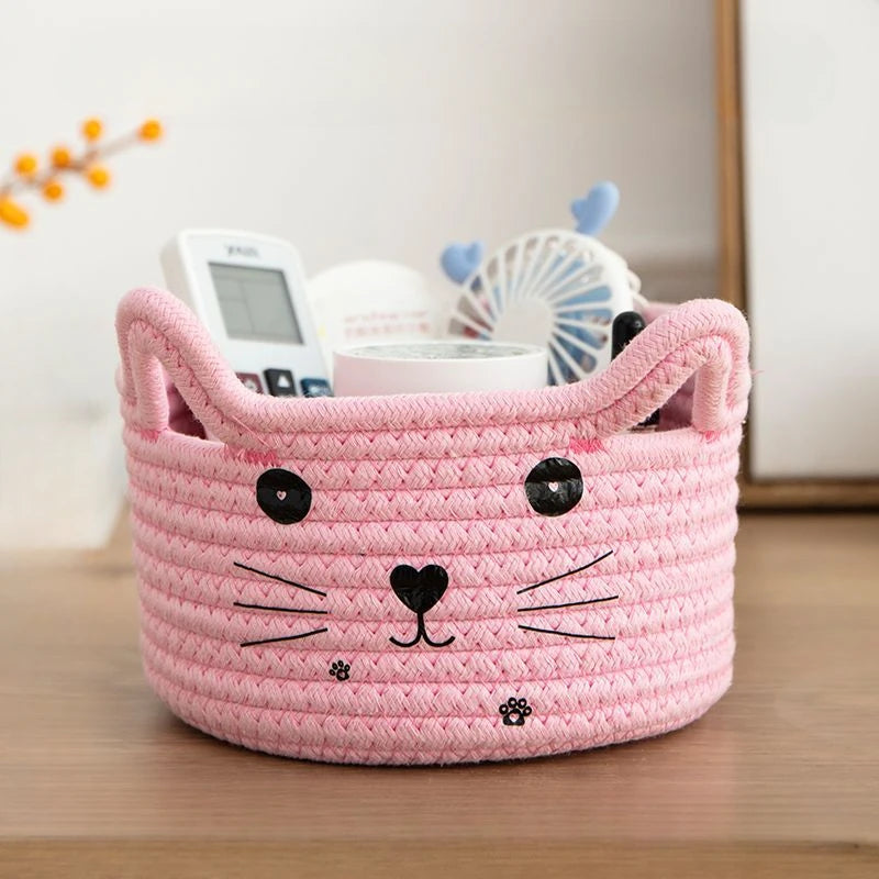 panier rangement créatif réutilisable blanc rose jaune vert bleu visage chat brodé enfantin respectueux