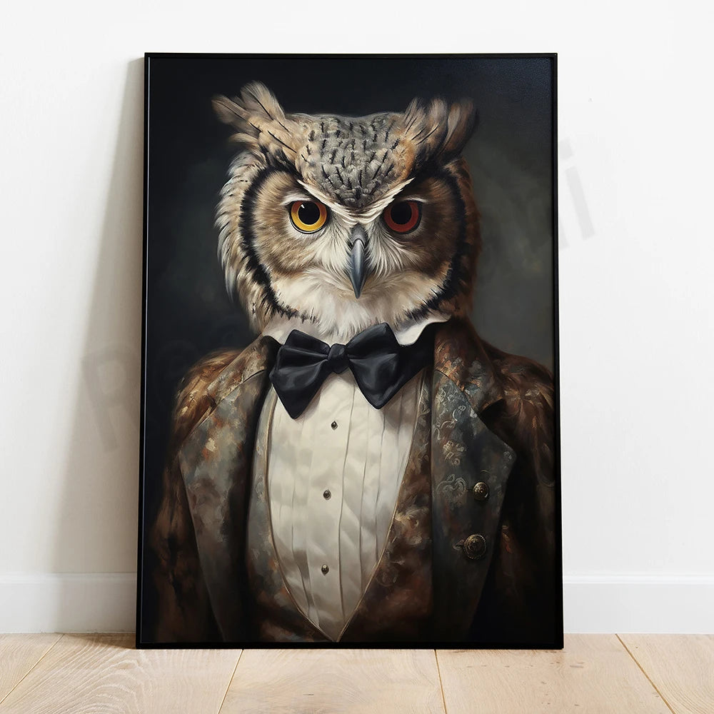 Une chouette élégante avec un nœud papillon noir posant dans un cadre sombre.