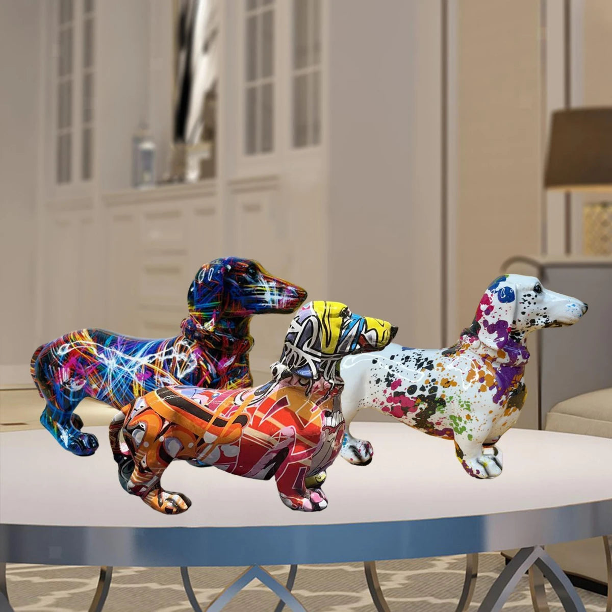 statuette chien multicolore moderne graphique résine abstraite ornement animal