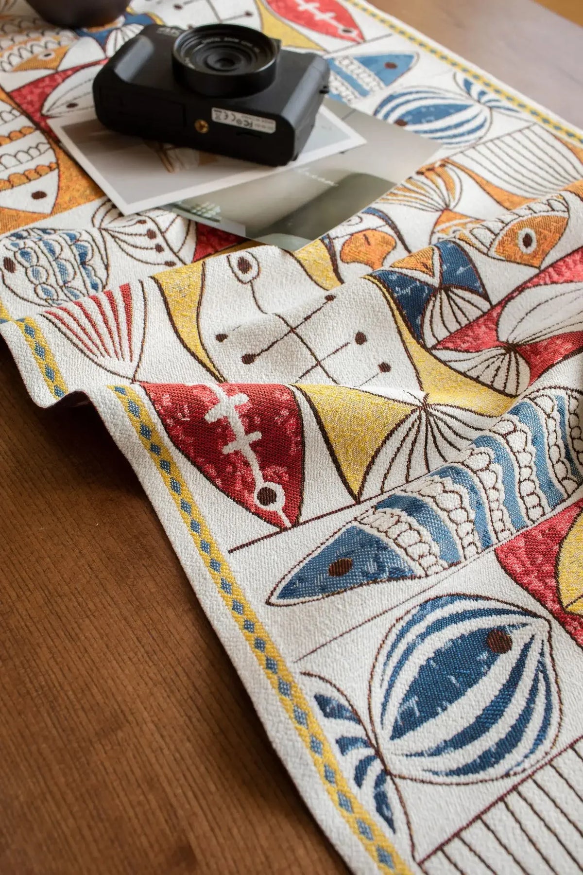 chemin table moderne multicolore motif poissons décoratif tassel blanc polyester coton