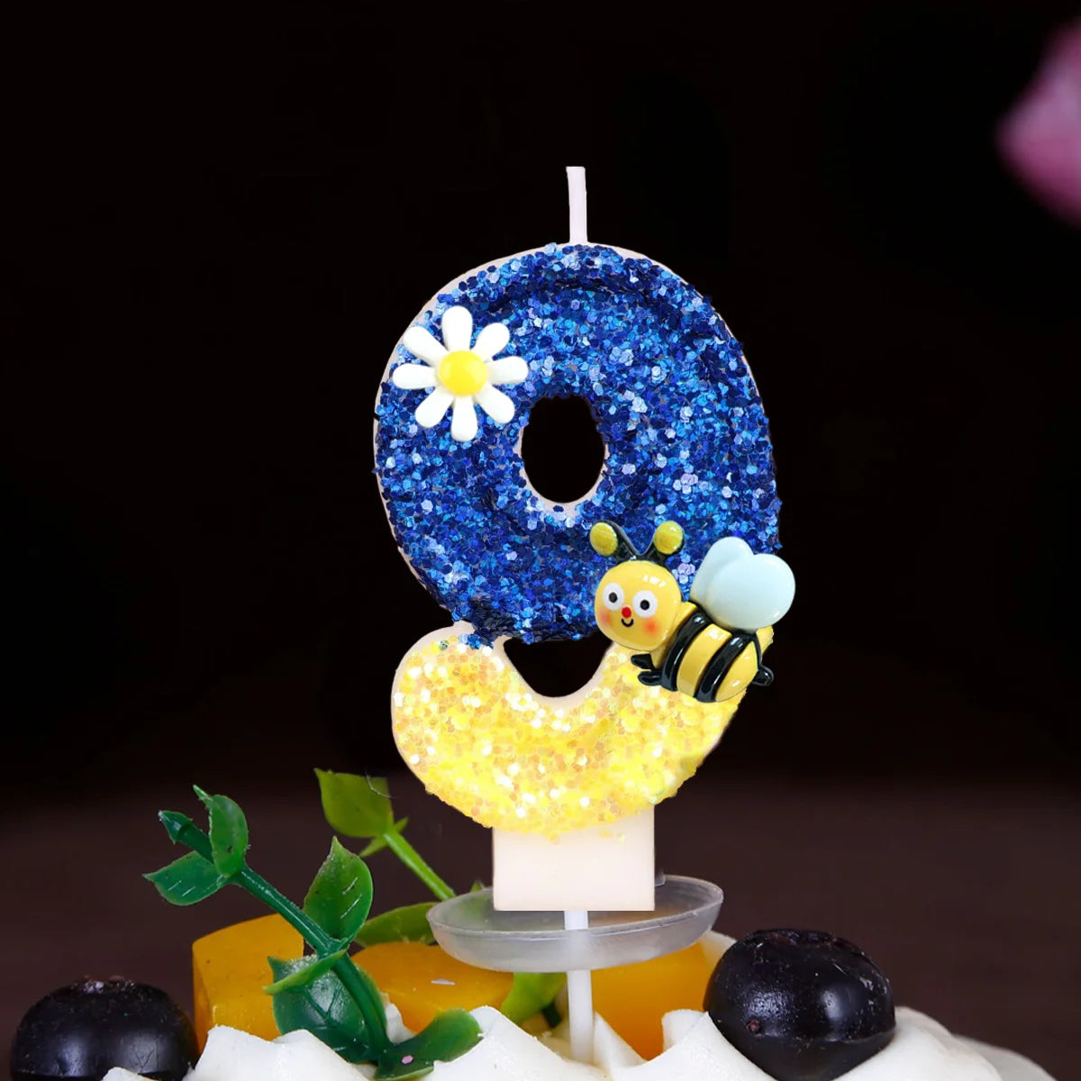 bougies anniversaire chiffres paillettes bleu jaune motifs fleurs décoratives enfants fixations boîte rangement