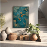tableau moderne oriental poissons libellules feuilles lotus couleur bleu doré beige sans cadre