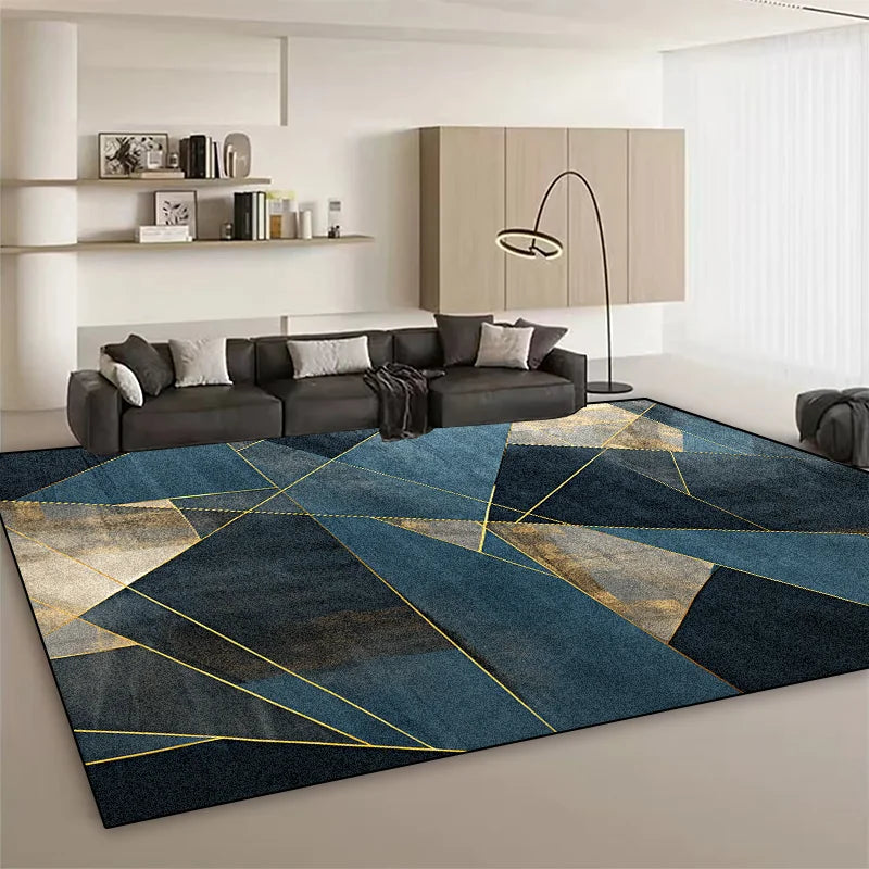 Un tapis moderne au design géométrique aux couleurs sombres et métalliques, créant une atmosphère élégante et épurée dans ce salon.