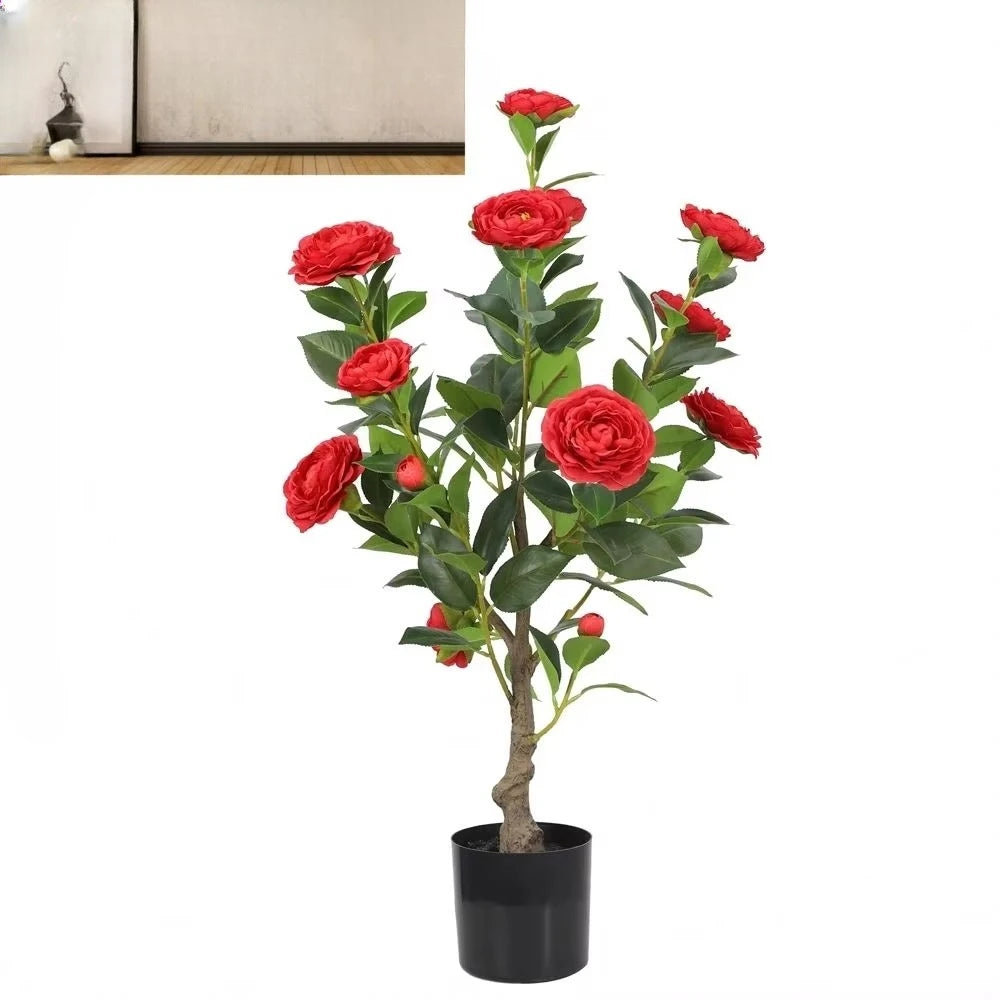 décoration extérieure arbre artificiel rouge feuilles vertes fleurs modernes intérieur anniversaire festive