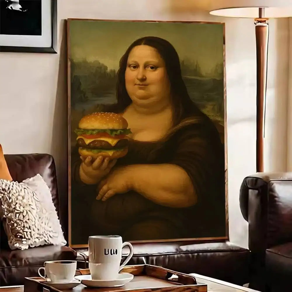 affiche parodique mona lisa moderne tableaux décoration maison noir beige vert gris