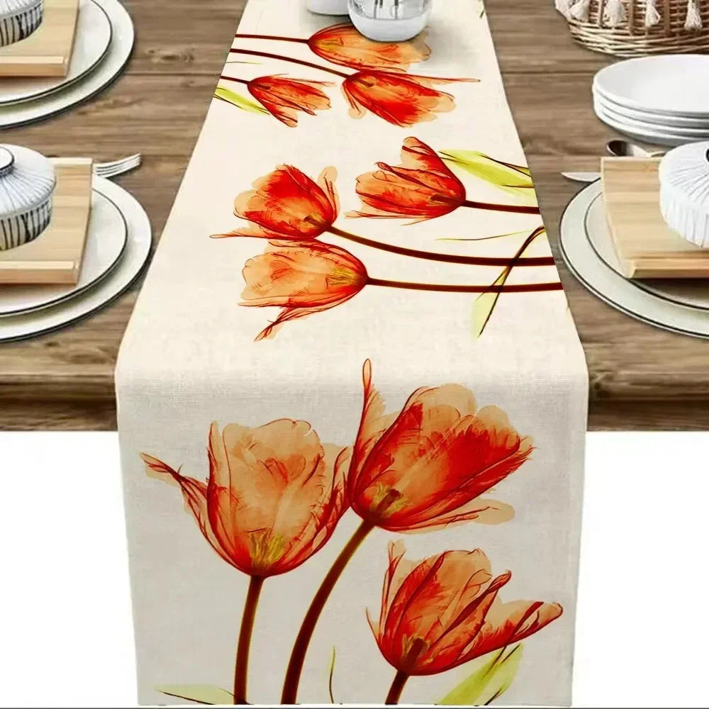nappe lin bleu beige fleurs tulipes aquarelle moderne table runner déco