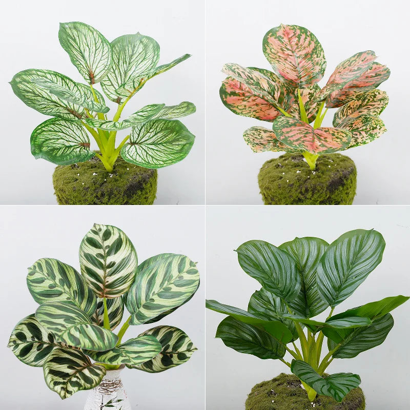 décoration intérieure plante artificielle feuilles vertes moderne minimaliste marron blanc rayures taches pièces