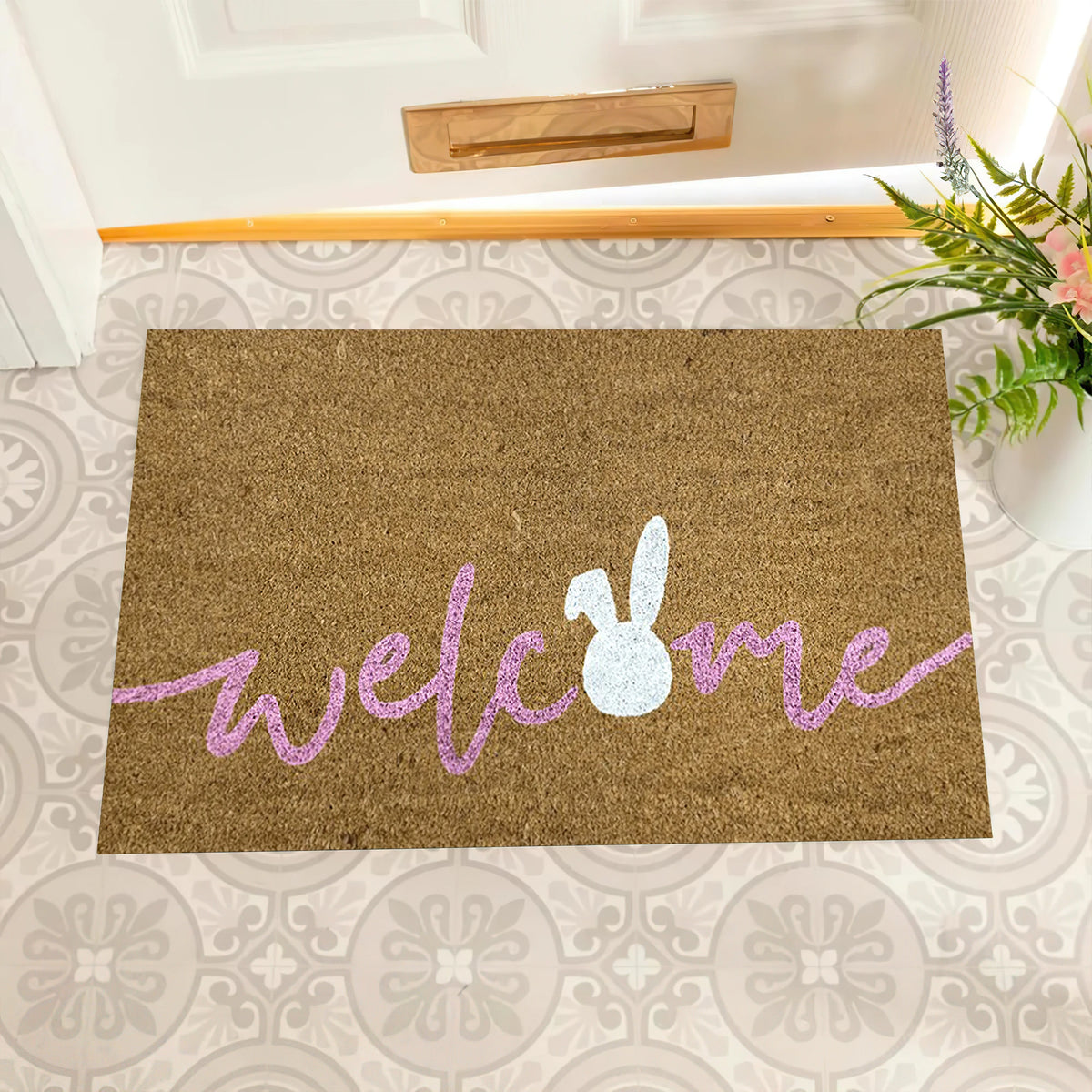 tapis d'entrée antidérapant welcome lapin marron clair moderne décoration printanière résistant décolorationextérieur cuisine porte
