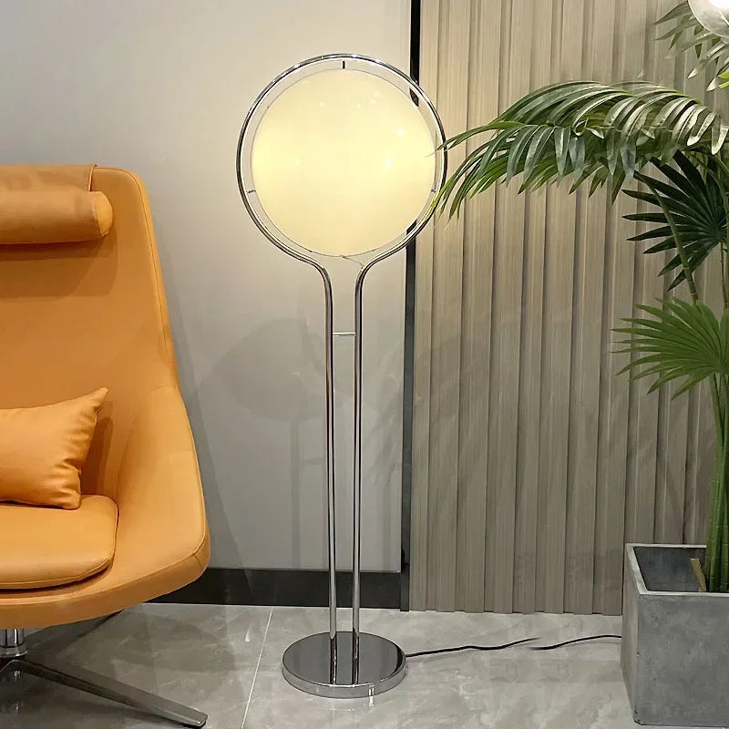 lampe sol moderne minimaliste blanc chrome boule acrylique translucent DEL interruptron haut bas vde