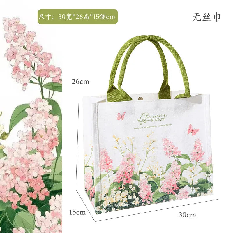 sac main toile fleurs blanc vert rose élégant réutilisable écologique poignées vertes